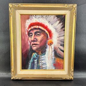 Original Oil Painting On Canvas Board NATIVE AMERICAN CHIEF by Gary White